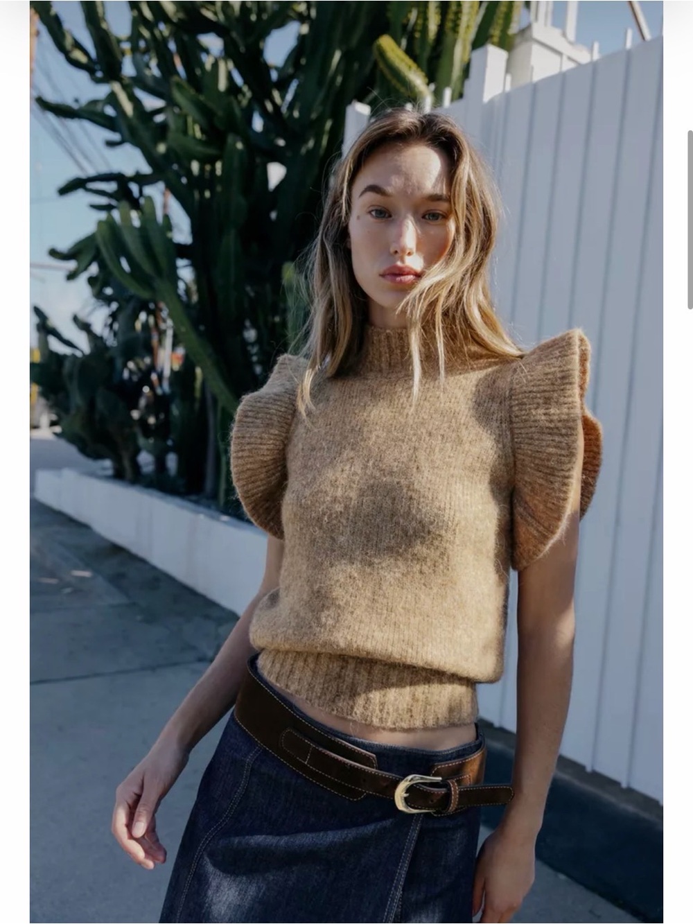 Zara Puff-Sleeve Crewneck Sweater in Camel